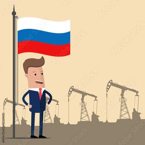 Businessman or politician under the flag of Russia against the backdrop of oil pumps. Vector illustration