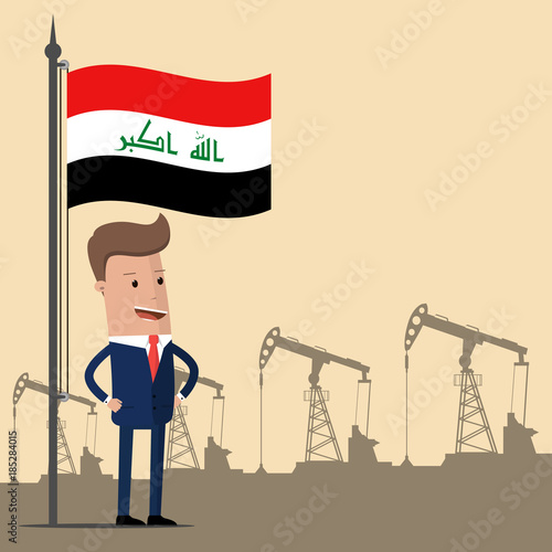 Businessman or politician under the flag of Iraq against the backdrop of oil pumps. Vector illustration