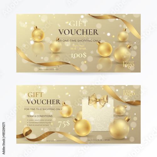 Vector set of luxury gift vouchers with golden ribbon, paper shopping bag, a bow and gold xmas toys. Elegant template for holiday gift card, coupon and certificate for Christmas and New Year offers.