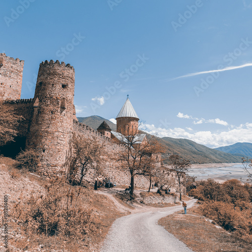Nice panoramic view of the fortress Ananuri, standing on the shore of the reservoir Zhinvali. Georgia