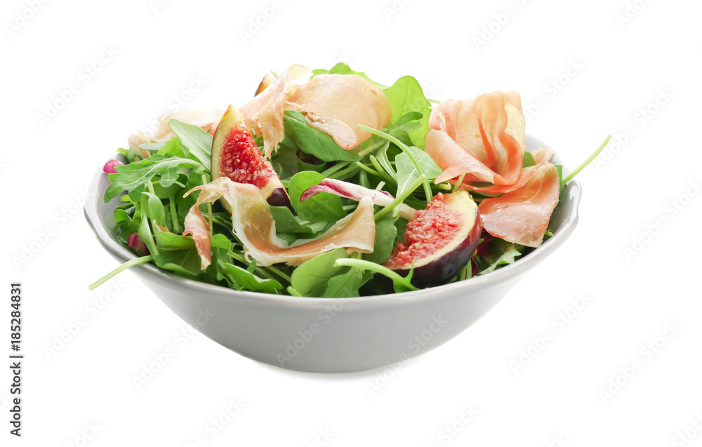Bowl with delicious salad on white background