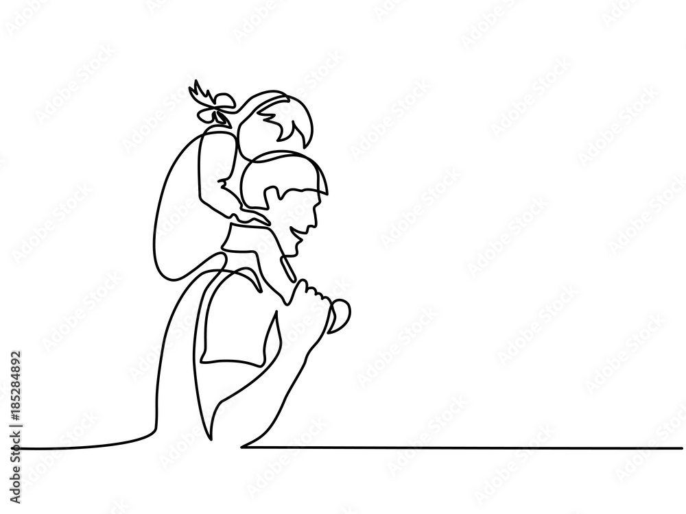 Continuous Line Art Drawing. Happy young father with little daughter on shoulders. Vector Illustration