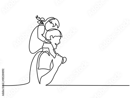 Continuous Line Art Drawing. Happy young father with little daughter on shoulders. Vector Illustration