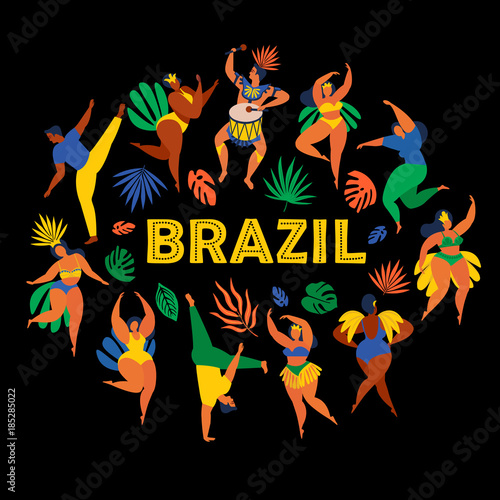 Brazil carnival. Vector illustration of funny dancing men and women in bright costumes. Design element for carnival concept