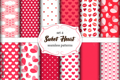 Cute set of scandinavian Sweet Heart Valentines Day seamless patterns with fabric textures