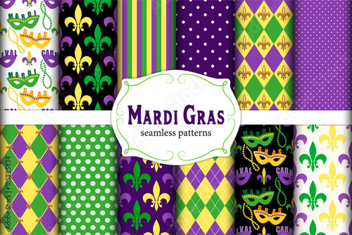 Cute set of 12 seamless Mardi Gras patterns in traditional colors