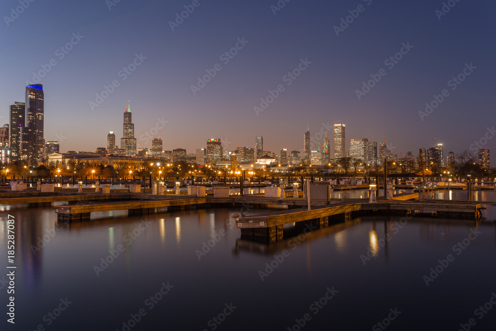 Chicago skyline behind empty boat docks