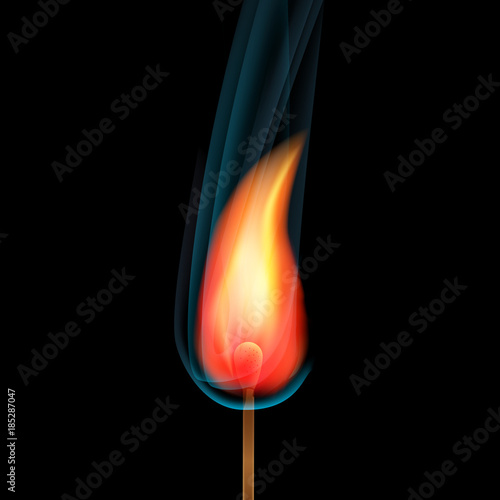 Match. Fire. Burning match. Smoke from the match.
