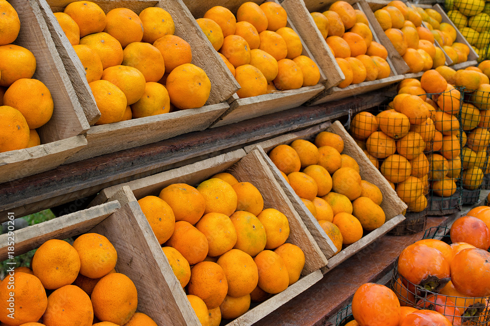 Fruit season - rows of wooden boxes with ripe mandarins and persimmons. Photo with a shallow depth of field.