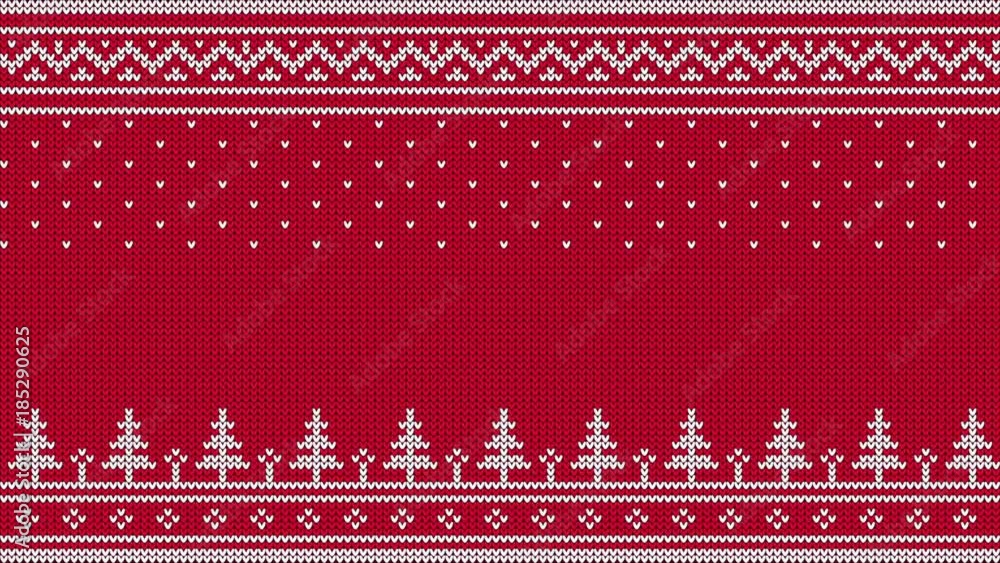 Animated looped knitted sweater ornament - spruce, falling snow, national patterns. White on a red  background. 
