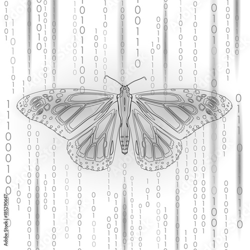 Technology nature concept. Binary code butterfly life ecology innovation inspiration computer digital abstract geometric gray white vector illustration
