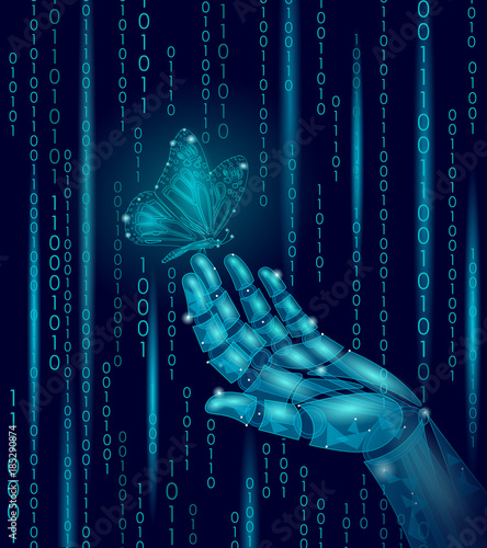 Butterfly on mechanical robot finger hand. Polygonal geometric innovation technology futurustic nature contrast concept. Binary code number android ecology vector illustration