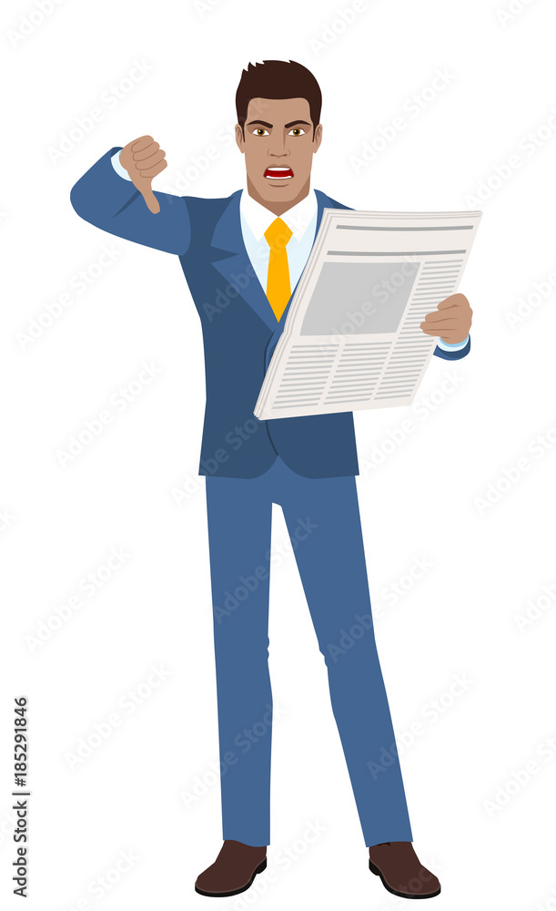 Businessman with newspaper showing thumb down. Gesture as rejection symbol down