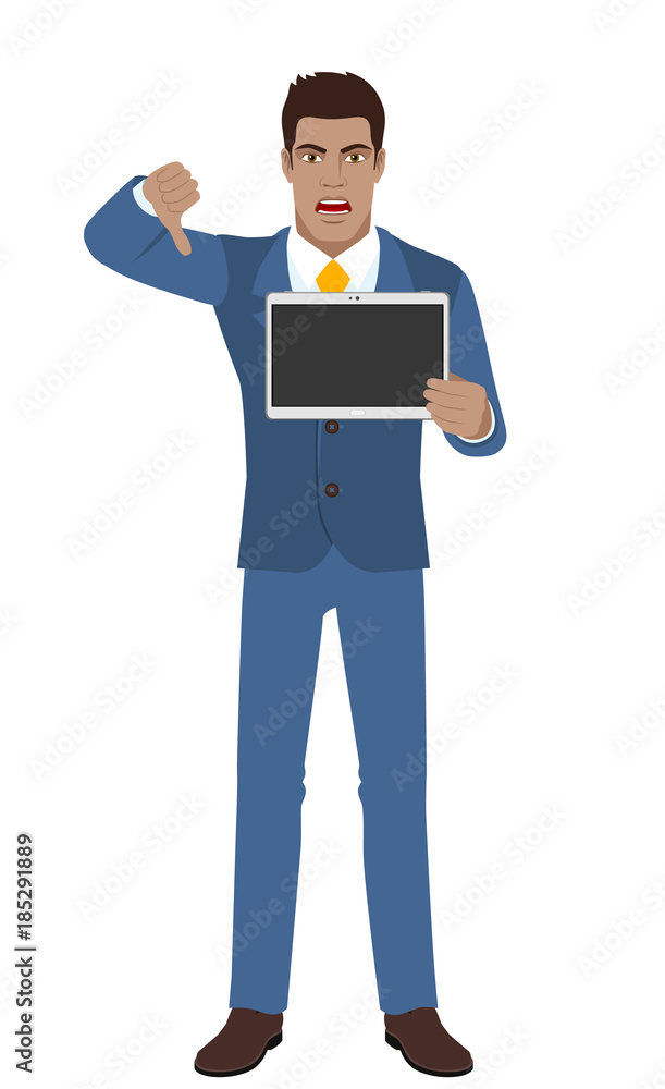 Businessman showing blank digital tablet PC and showing thumb down gesture as rejection symbol Businessman showing blank digital tablet PC and showing thumb down gesture as rejection symbol
