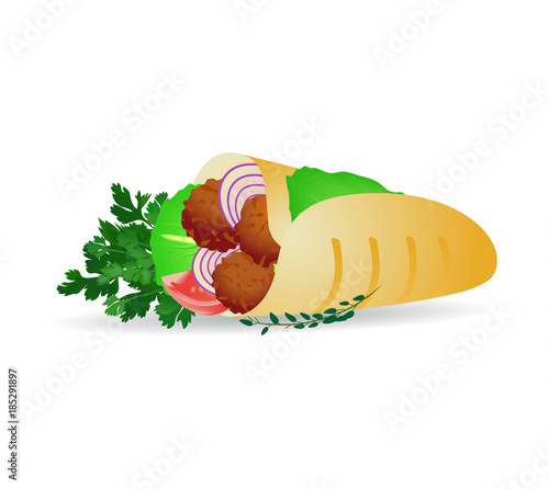 Falafel with vegetables on white backdrop.