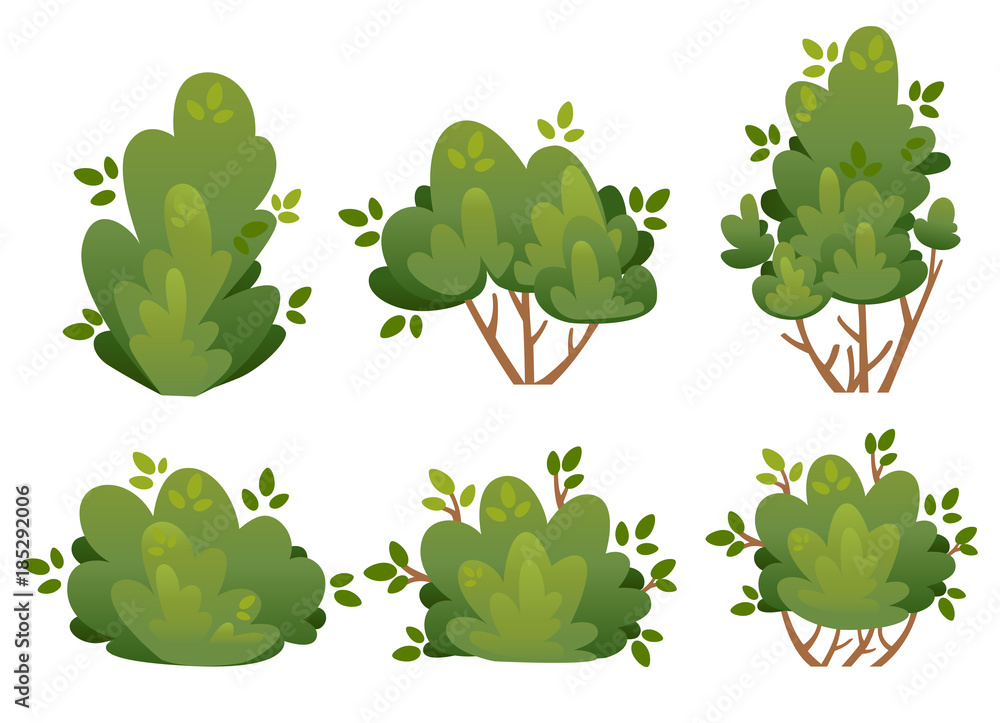 Naklejka premium Set naturalny krzak i ogrodowi drzewa dla parkowej chałupy i jarda wektorowej ilustraci odizolowywającej na białej tło strony internetowej stronie i mobilnym app projekcie