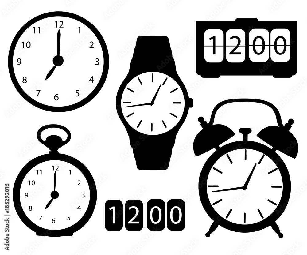 Set Of Black Icon Silhouette Clocks And Watches Alarm Digital Electronic Stopwatch Wristwatch Wall Clock Cartoon Vector Illustration Isolated On White Background Website Page And Mobile App Design Stock Vector Adobe Set Of Black Icon Silhouette Clocks And Watches Alarm Digital Electronic Stopwatch Wristwatch Wall Clock Cartoon Vector Illustration Isolated On White Background Website Page And Mobile App Design Stock Vector Adobe