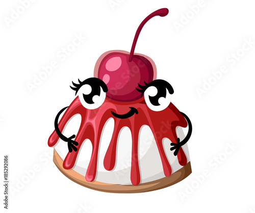 Cherry smile pudding with syrup dessert with with eyes mouth legs and hands cartoon style vector illustration isolated on white background website page and mobile app design