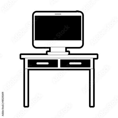 desk table with drawers and desktop computer above in front view in black silhouette
