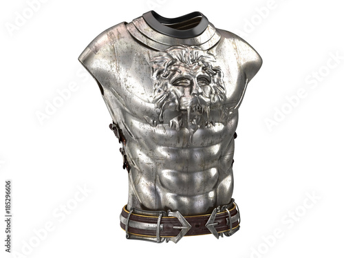 Medieval armor on the body in the style of a lion with large shoulder pads on an isolated white background. 3d illustration