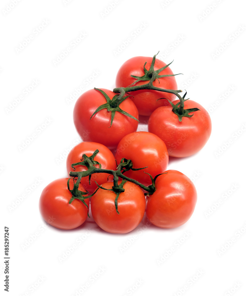 Red ripe tomatoes on branch isolated on white background studio shot closeup Red ripe tomatoes on branch isolated on white background studio shot closeup