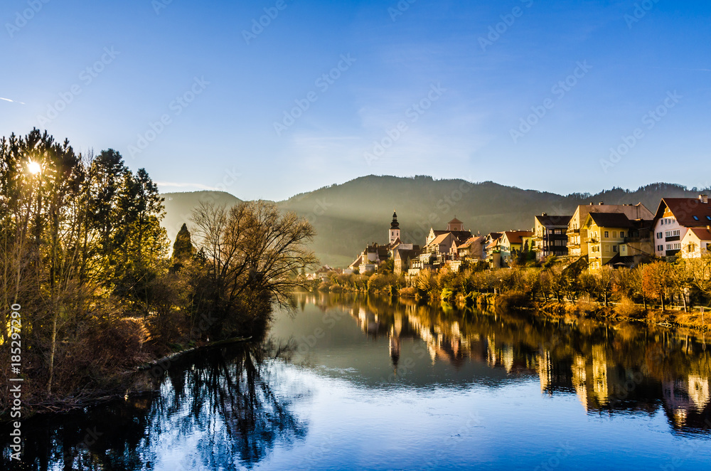 Fototapeta premium Frohnleiten Austria Golden Hour Village at river mur