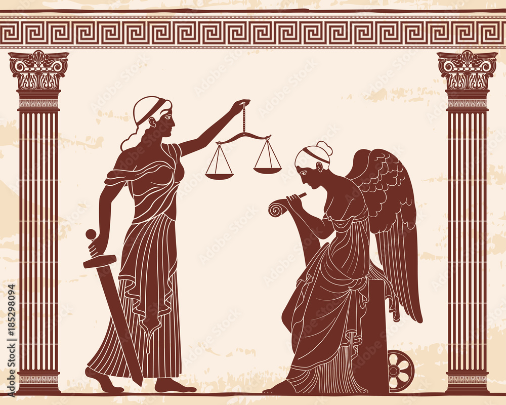 Ancient Greek goddess Themis holds a sword and scales in her hands and