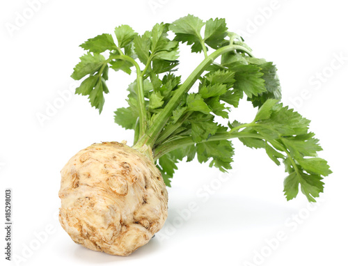 celery root with leaf isolated on white background. Celery isolated on white. Healthy food photo