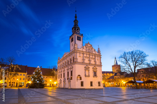 Old town square with historical town hall in Chelmno at dusk  Poland