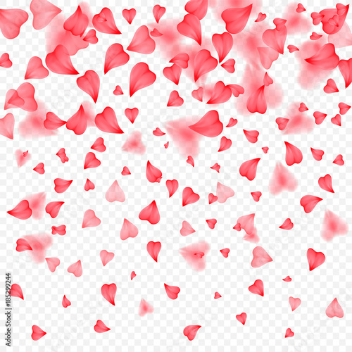 Valentines Day romantic background of red hearts petals falling. Realistic flower petal in shape of heart confetti. Love theme. Wedding item. Decor element for greeting cards or gift packages.