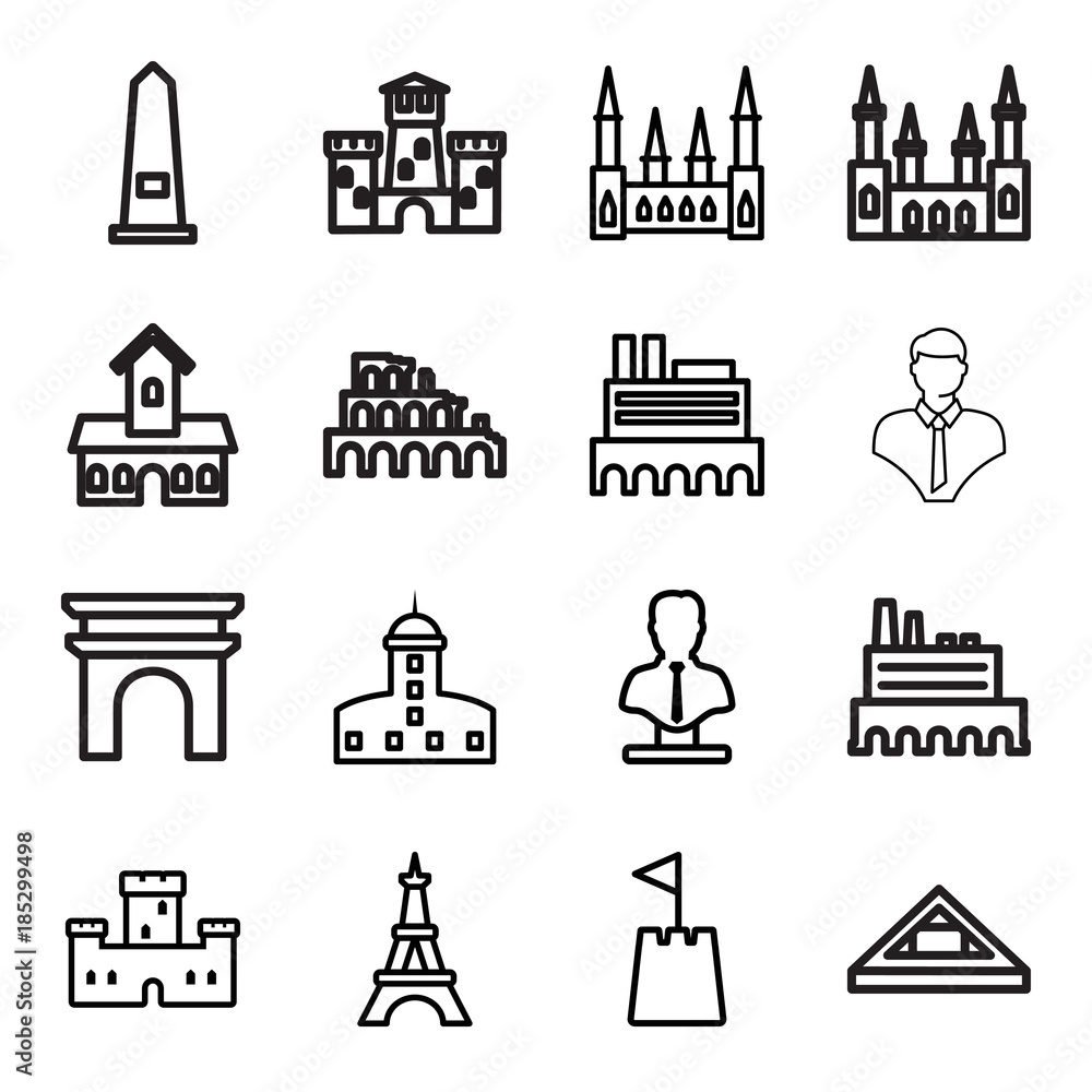 Monument icons. set of 16 editable outline monument icons Monument icons. set of 16 editable outline monument icons