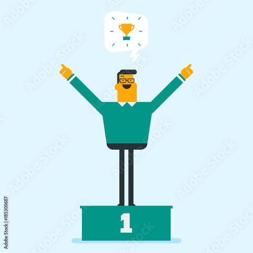 Young caucasian white businessman standing on the pedestal with business award