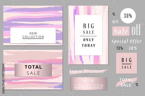 New Collection fashion header. Gold elegant frame with artistic hand drawn brush texture in pastel. Great for advertising, social media, web, blog, flyer, poster, placard, brochure, invitation, cover