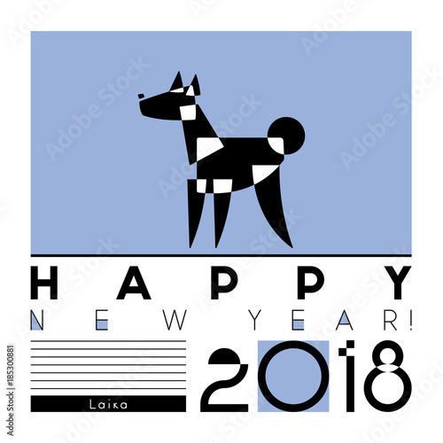 Card with a stylized dog of laika breed on graphic background.