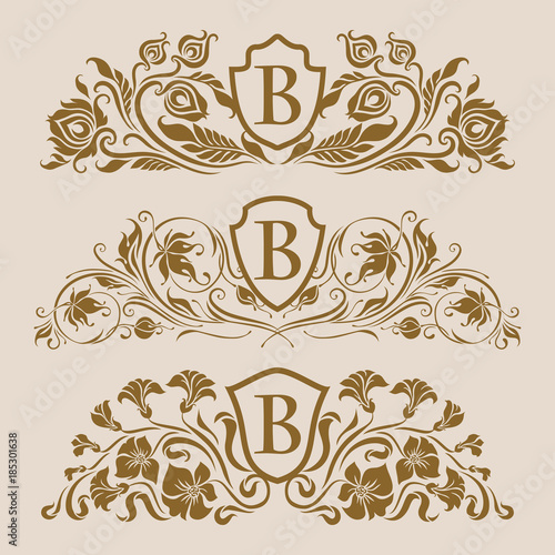 Set of golden royal shields with floral elements for page, web design. Filigree monograms, old frames, borders in vintage style for label, emblem, badge, logo, wedding card, invitation. Illustration.