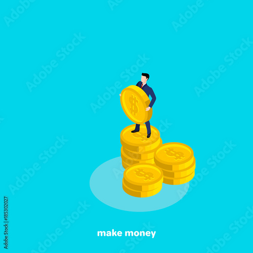 a man in a business suit  holding a large coin with a dollar sign, an isometric image
