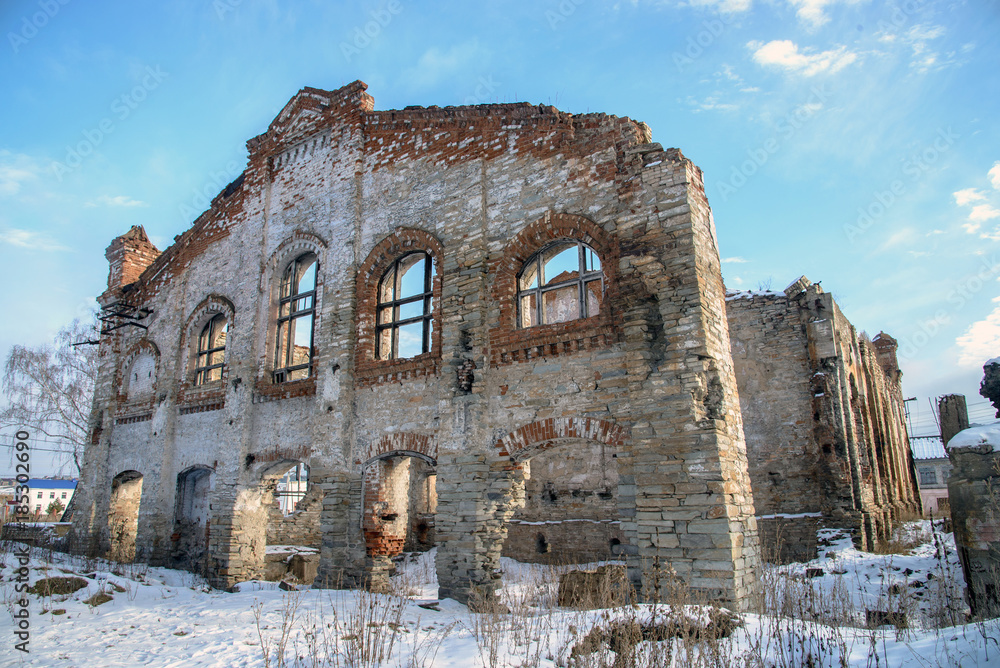 Old ruined brick building, destroyed and abandoned place.