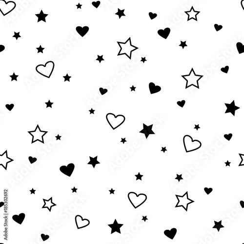 Seamless pattern with black hearts and stars on white background. Vector illustration