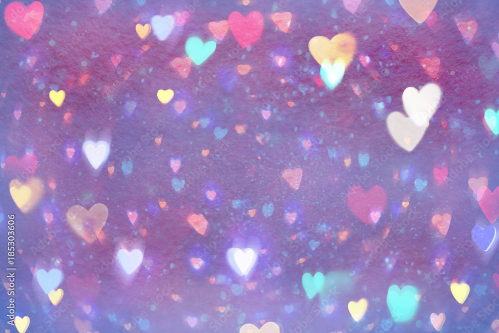 Purple abstract background with colorful hearts. Valentine`s day background.