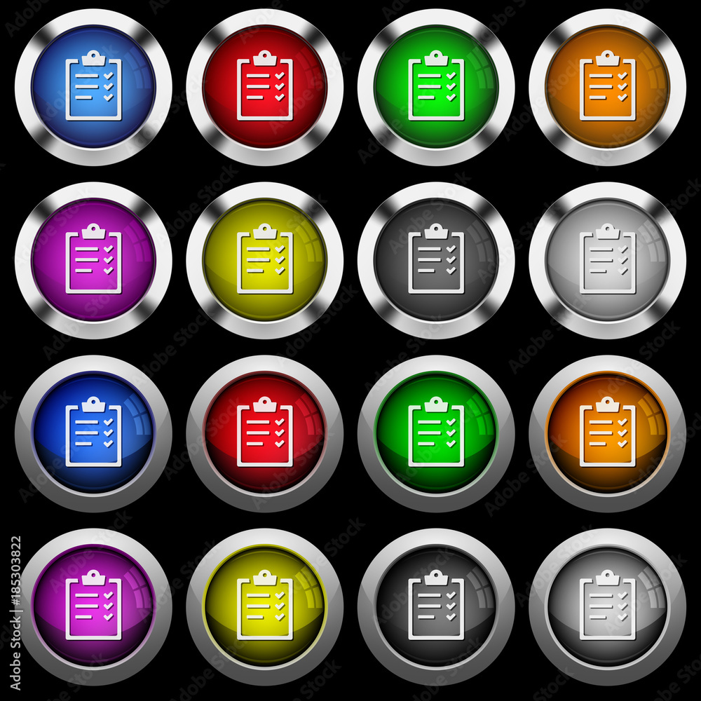 Task list white icons in round glossy buttons on black background Task list white icons in round glossy buttons on black background
