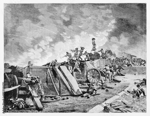 Ancient war situation with soldiers fighting on a barricade. Roman artillery battery fighting against French army in Rome, 1849. By E. Matania published on Garibaldi e i Suoi Tempi Milan Italy 1884