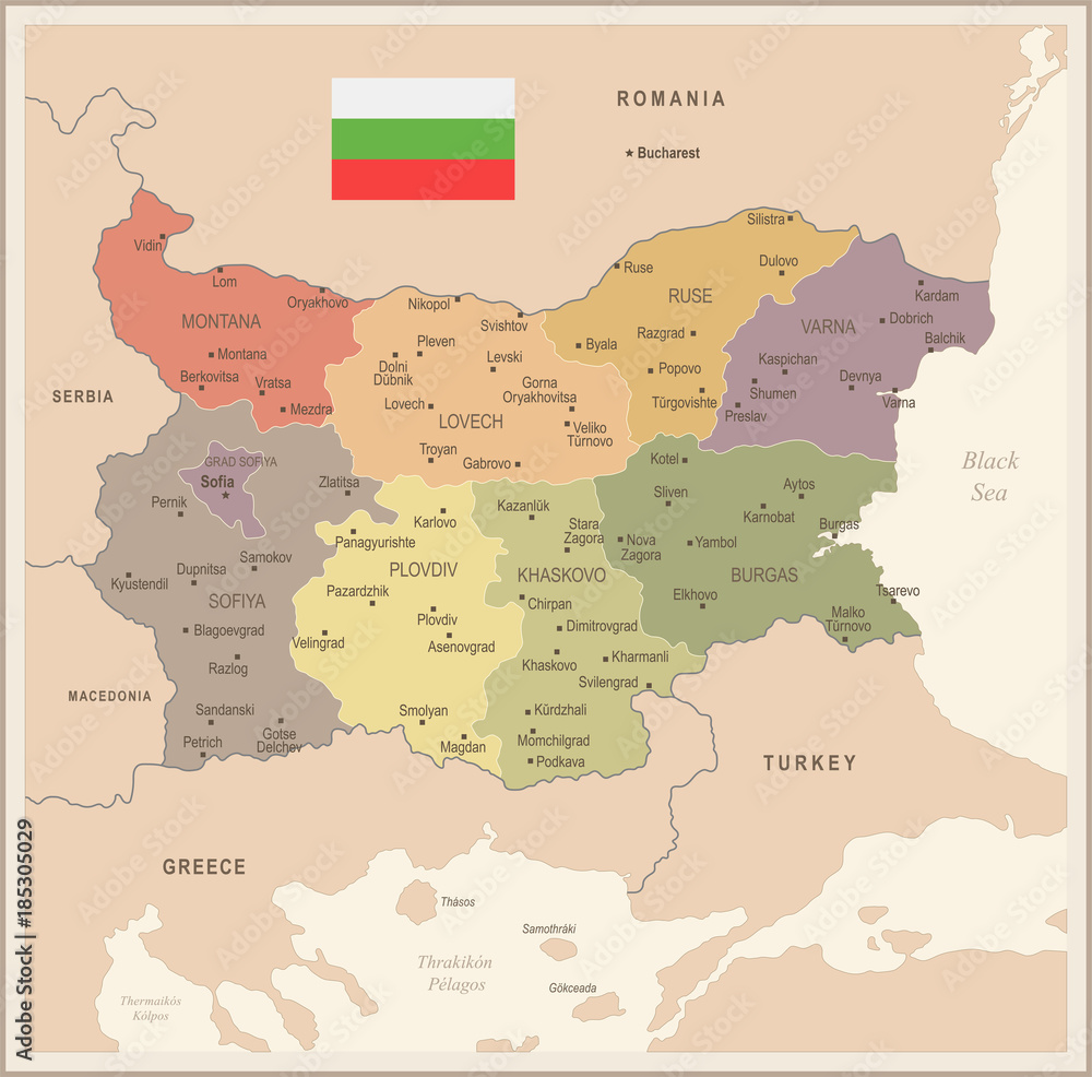 Bulgaria - vintage map and flag - Detailed Vector Illustration