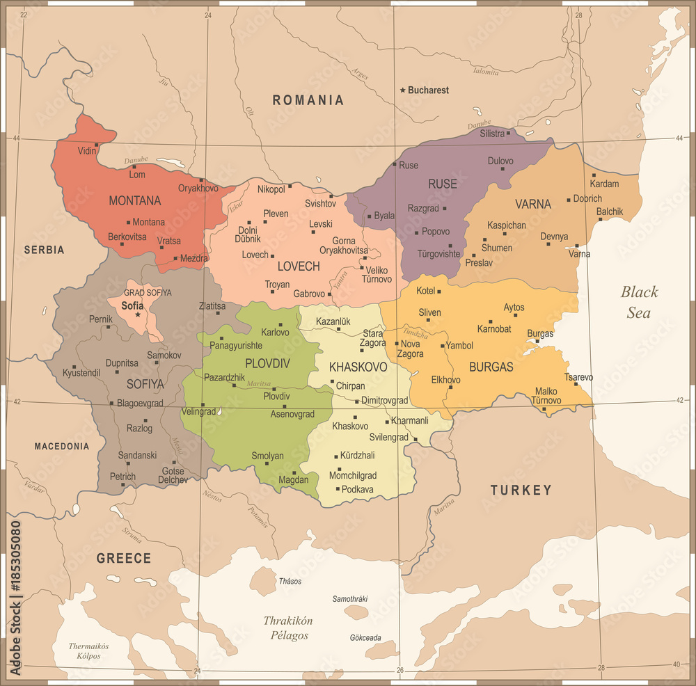 Bulgaria Map - Vintage Detailed Vector Illustration