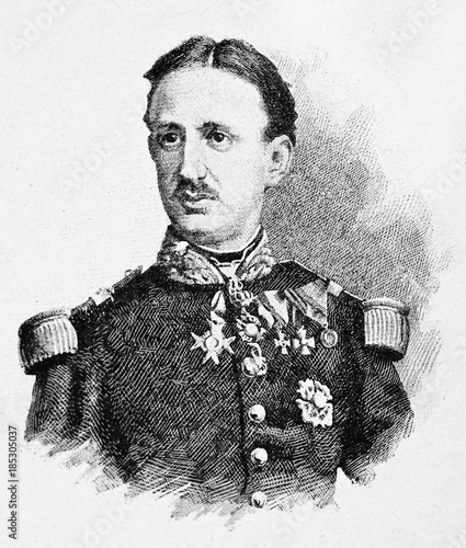 Ancient bust portrait of Francis II of the Two Sicilies (1836 - 1894) in his king uniform. By E. Matania published on Garibaldi e i Suoi Tempi Milan Italy 1884  photo