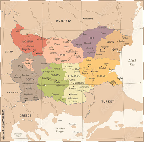 Fotografie, Obraz Bulgaria Map - Vintage Detailed Vector Illustration