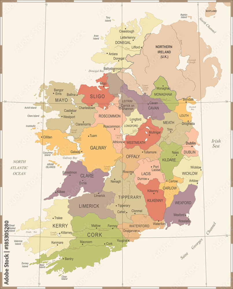 Naklejka premium Ireland Map - Vintage Detailed Vector Illustration