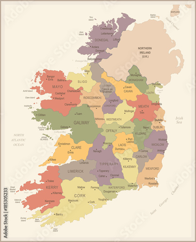 Fototapeta Irlandia - vintage mapy i flagi - szczegółowe wektorowej