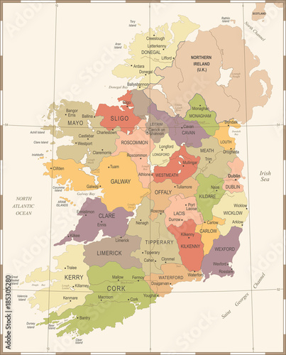 Obraz na płótnie Ireland Map - Vintage Detailed Vector Illustration