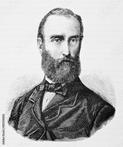Ancient elegant man with long beard and receding hairline. Cool dressing style and tie bow. Aurelio Saffi (1819 - 1890). By E. Matania published on Garibaldi e i Suoi Tempi Milan Italy 1884
