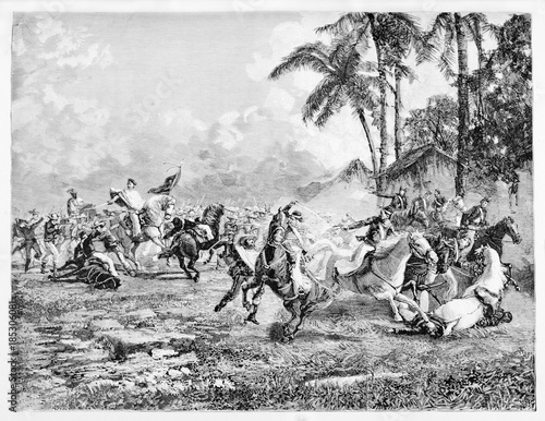 Ancient violent battle between two opposite horseback troops on a grassland with jungle vegetation in background. San Antonio battle. By E. Matania on Garibaldi e i Suoi Tempi Milan Italy 1884 